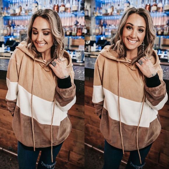 Color block velour velvet hoodie sweatshirt drawstring brown ivory mocha warm - Picture 1 of 2